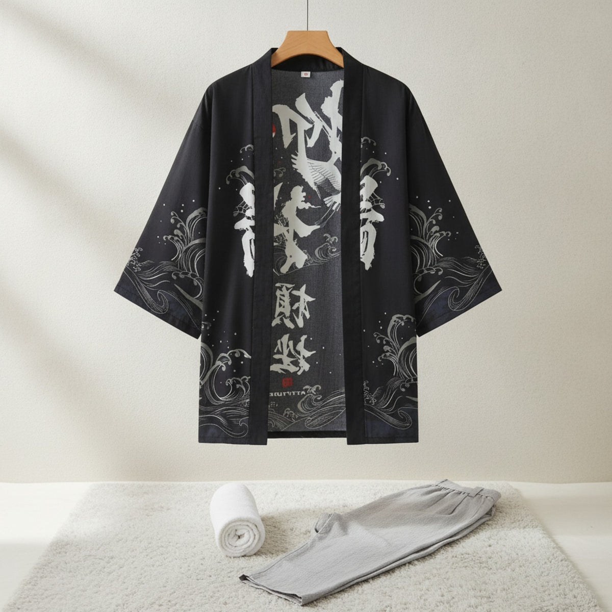 Kimono Court Homme Polyester Manches Trois-Quarts Style Traditionnel Asiatique