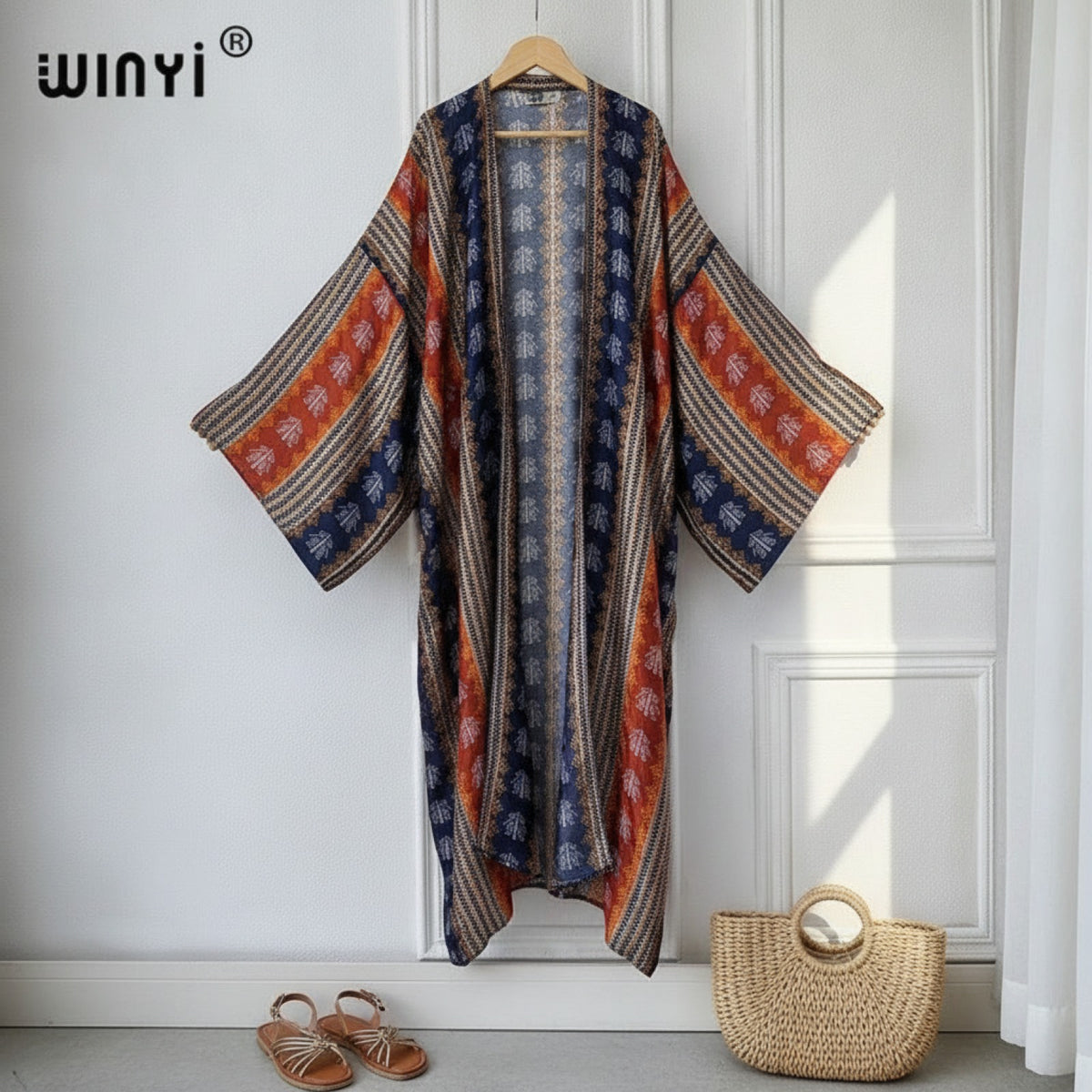 Kimono Long Bohème Imprimé Polyester Femme - Style Léger Été