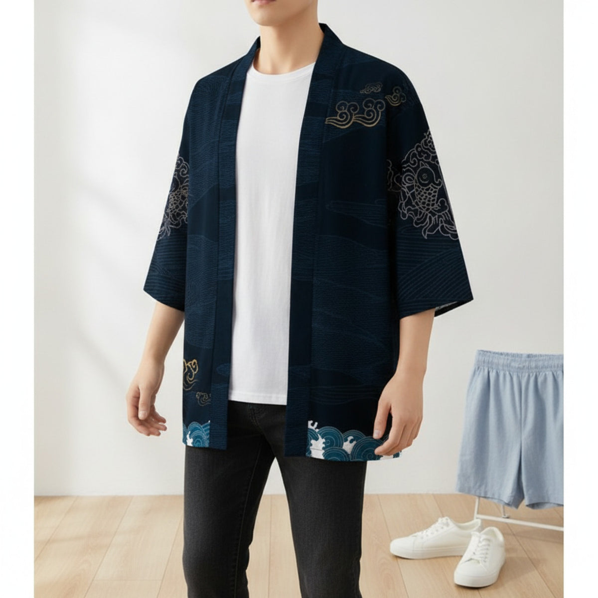 Kimono Court Unisexe Imprimé Polyester - Style Asiatique Moderne