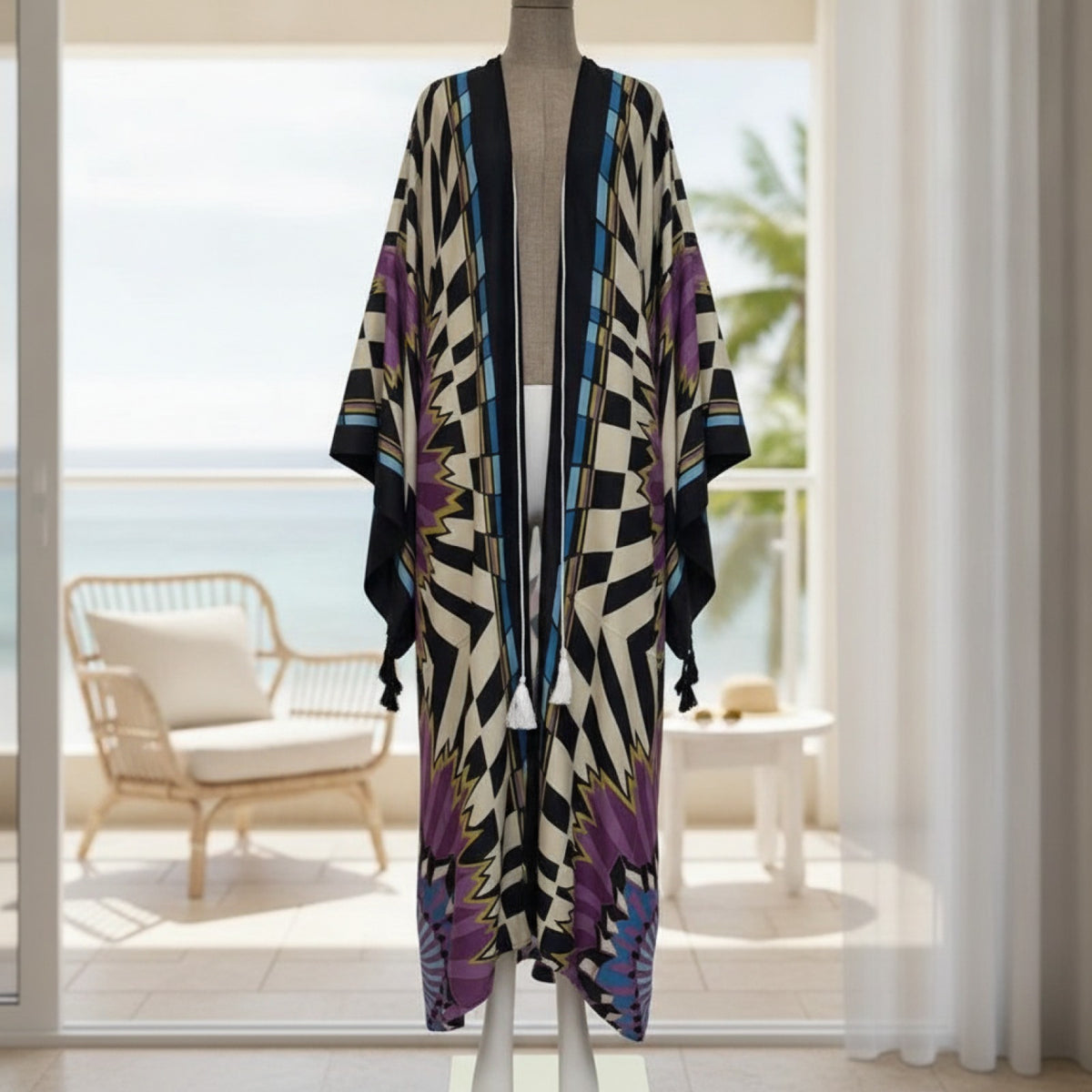 Kimono Long Bohème Femme Motif Ethnique Fleuri - Collection Été