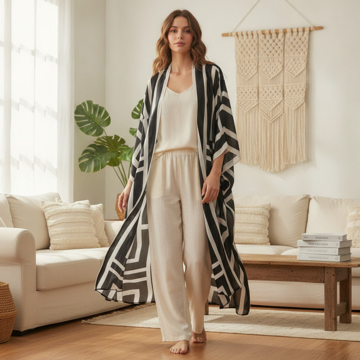 Kimono Long Bohème Imprimé Polyester Femme