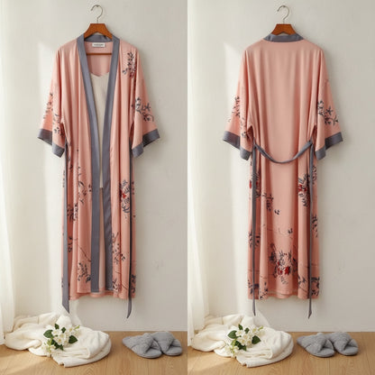 Kimono Long Fleuri Satiné Femme - Noir, Taille Unique