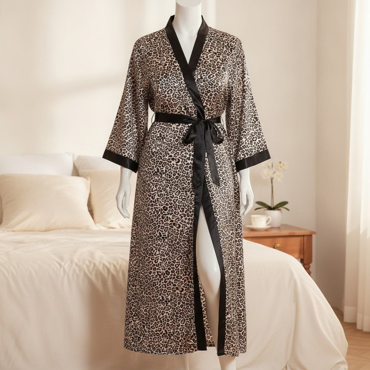Kimono Long Satiné Femme Motif Léopard - Confort & Style
