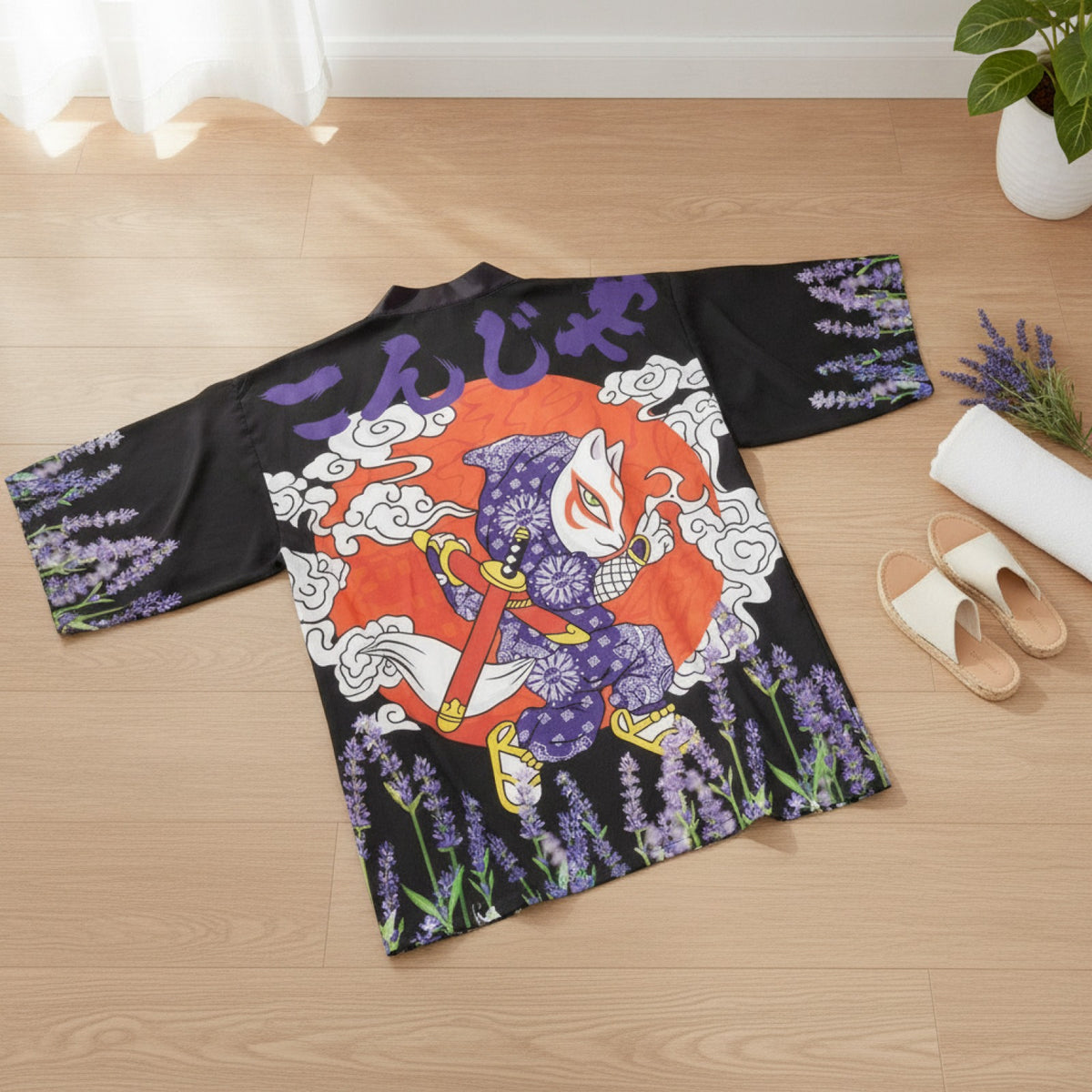 Kimono Court Style Japonais EASTQUEEN - Polyester Noir et Orange