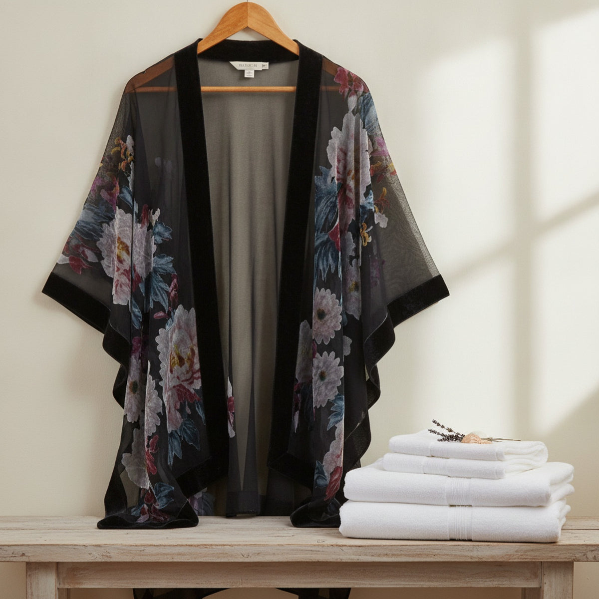Kimono Court Fleuri en Nylon et Velours - WeHello