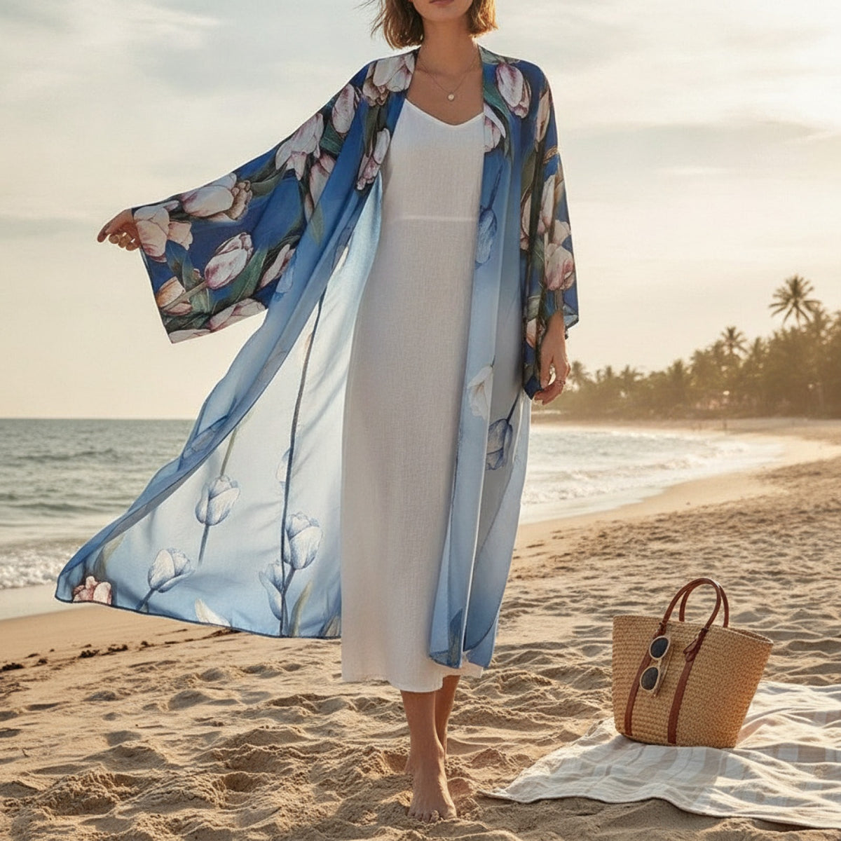 Kimono Long Bohème Imprimé Polyester Femme - Style Été