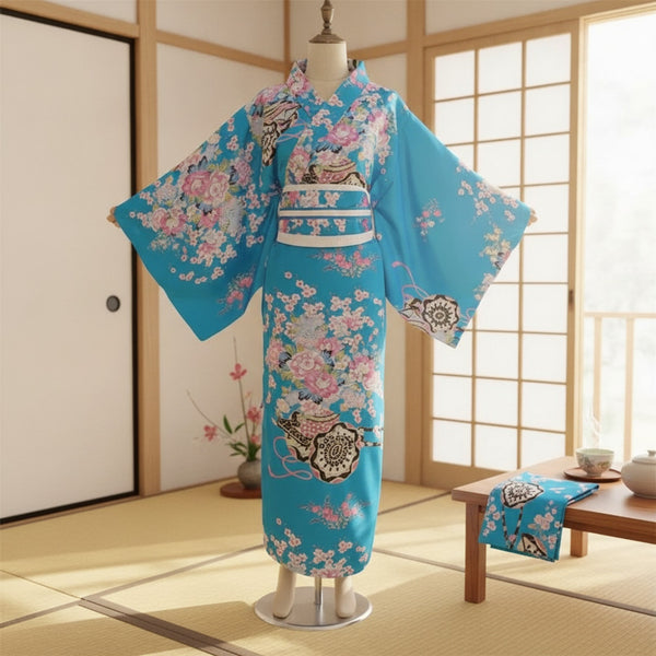 Kimono Traditionnel Femme Bleu en Coton et Polyester
