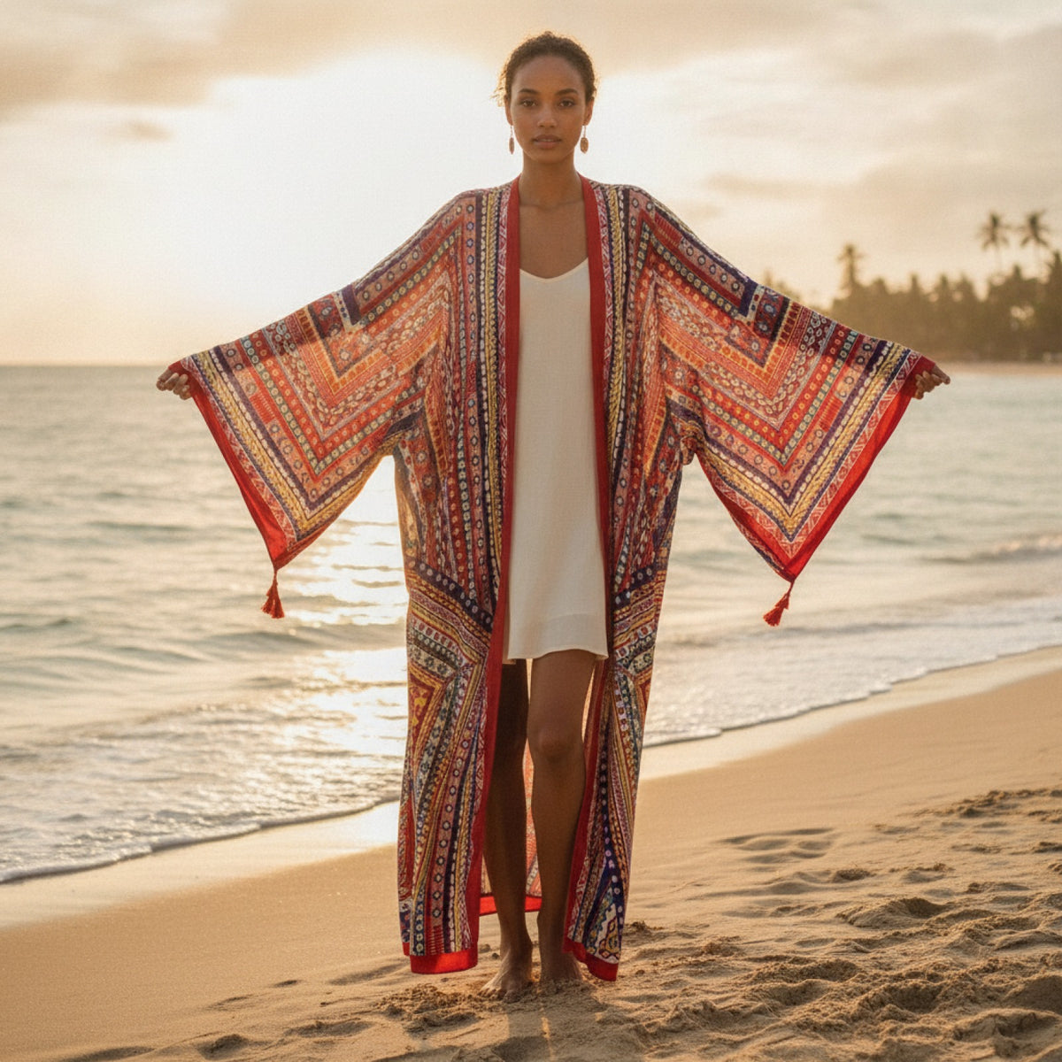 Kimono Long Bohème Femme Imprimé Ethnique - Manches Chauve-Souris