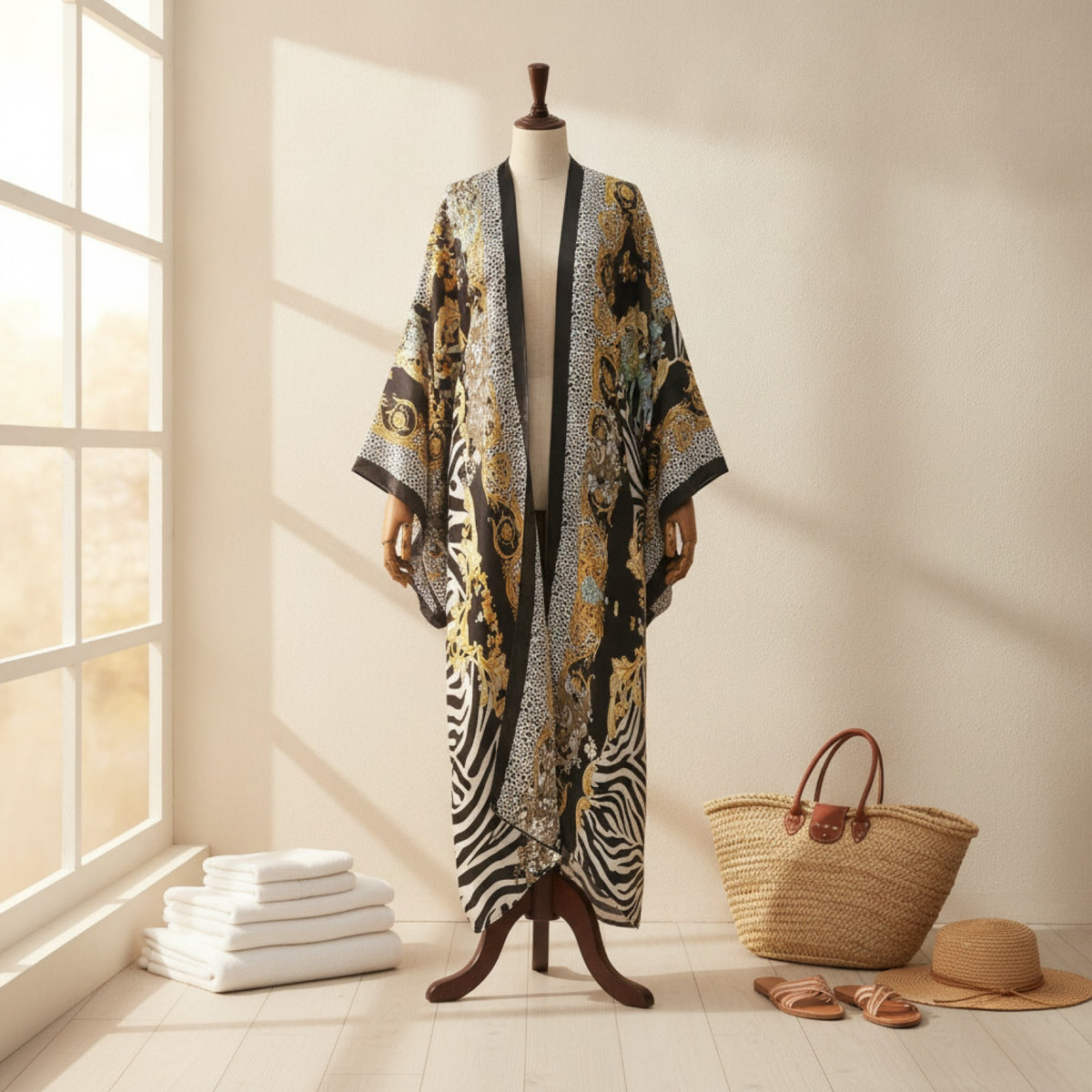 Kimono Long Femme Bohème – Cardigan Léger Imprimé Effet Soie