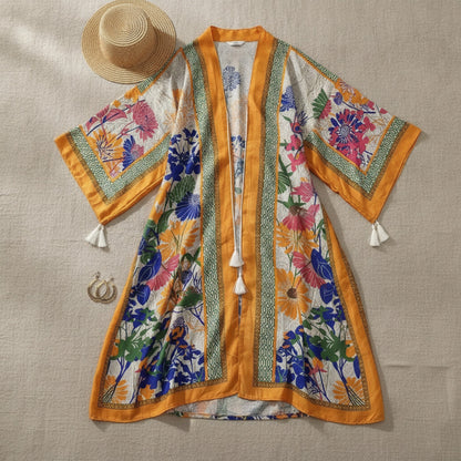 Kimono Long Bohème Femme Imprimé Fleuri Style Ethnique