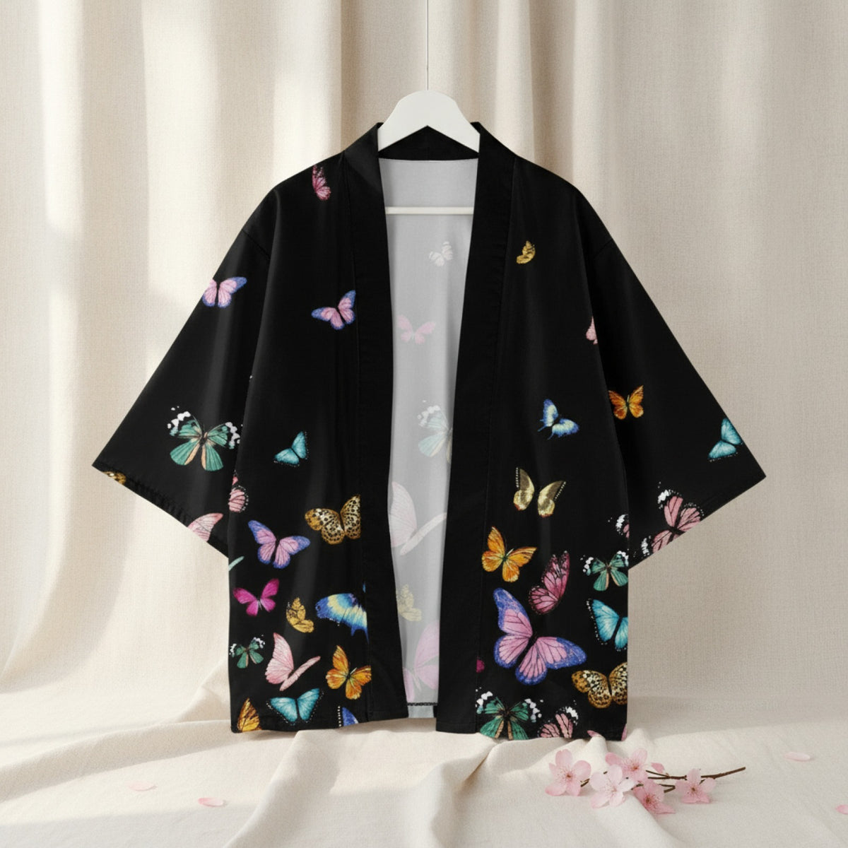 Kimono Court Femme Style Sakura Papillon - Polyester Léger et Respirant