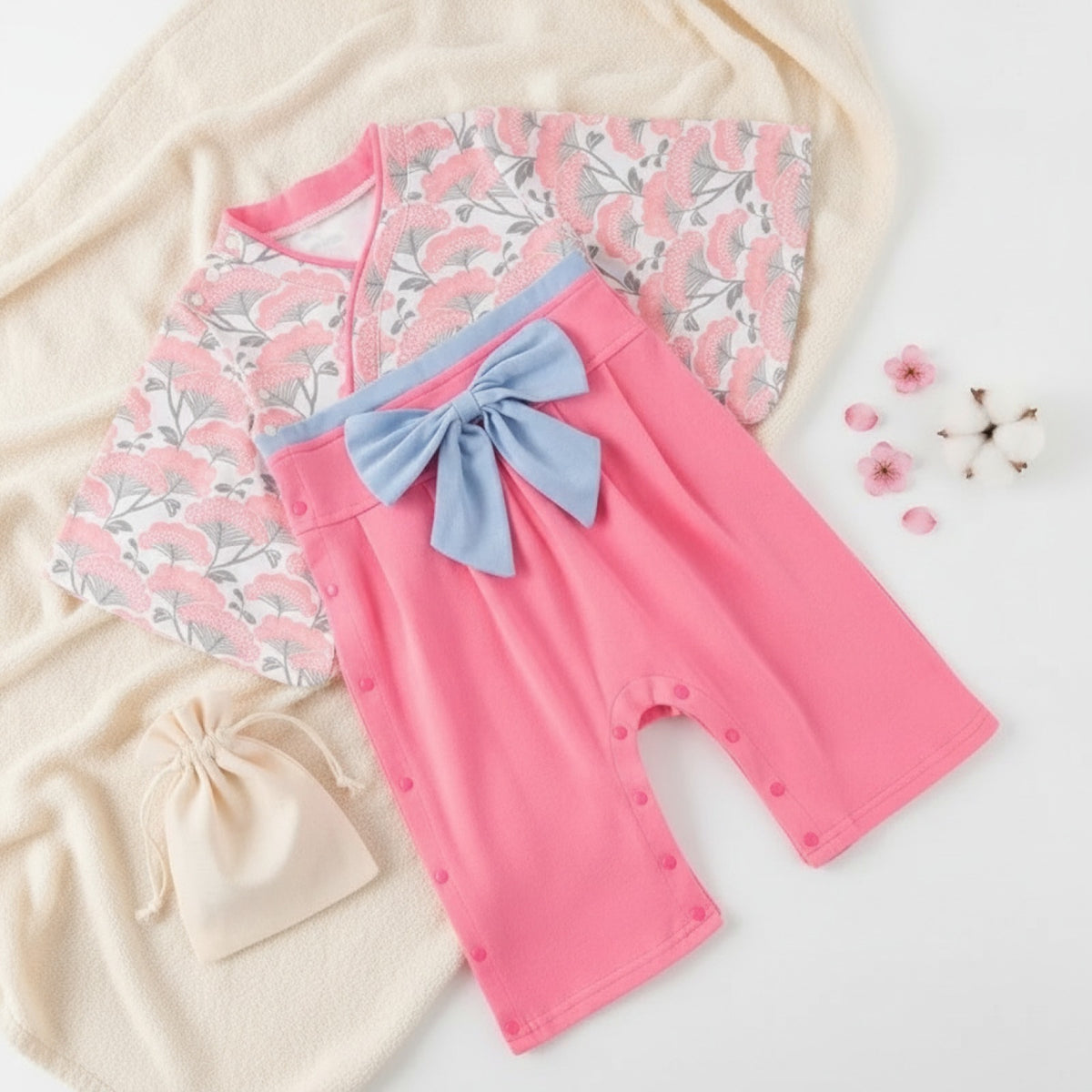 Ensemble Kimono et Pantalon Bébé Fille Style Japonais Fleuri - Doux et Confortable