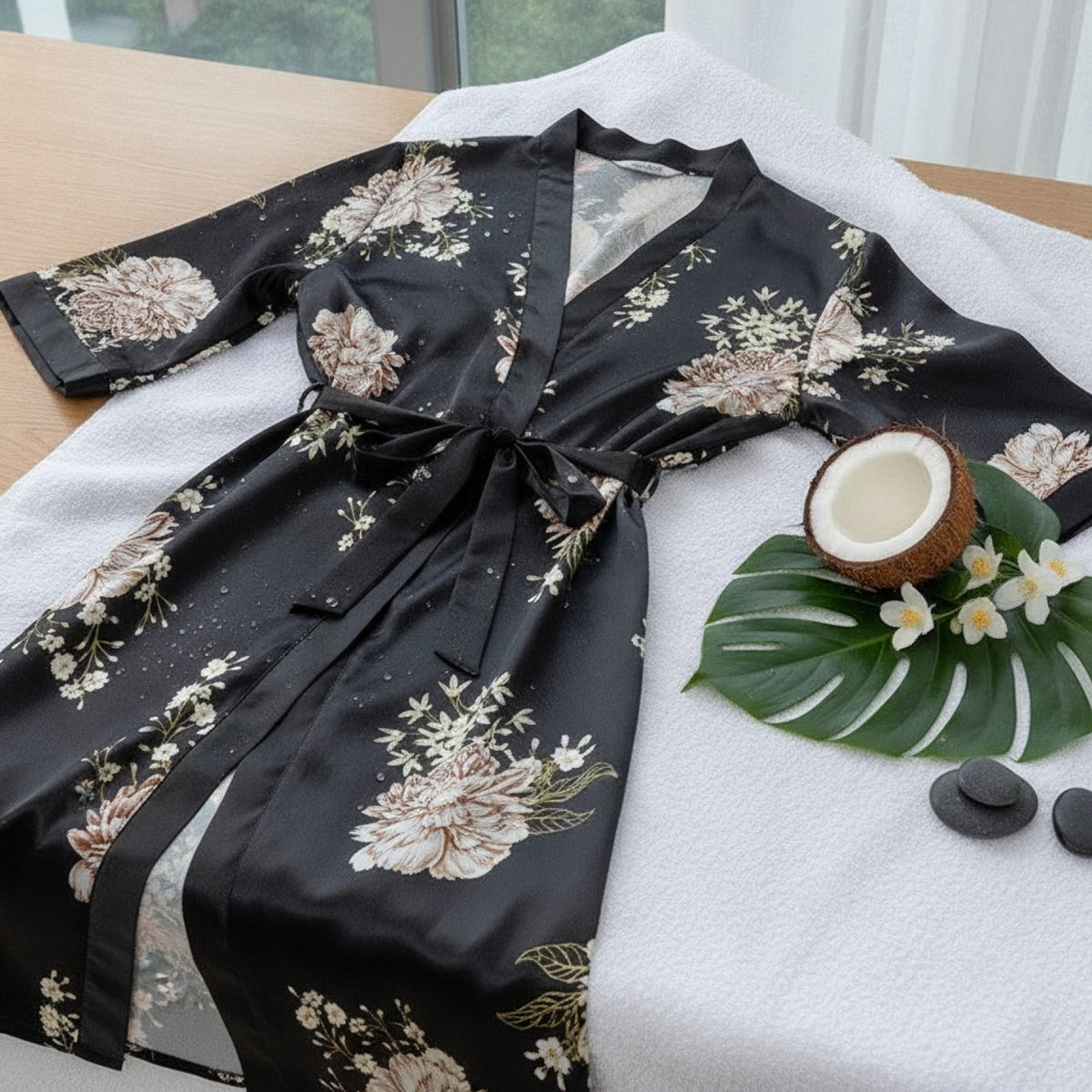 Kimono Long Satiné Grande Taille Femme - Motif Léopard & Fleurs