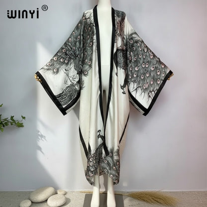 Kimono Long Femme Style Bohème Imprimé Léger Polyester