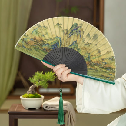 Éventail Japonais Pliant en Soie et Bambou – Motif Nature Rétro