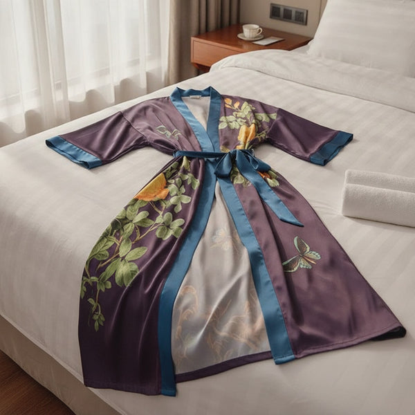 Kimono Long Satin Fleuri Femme - Robe de Chambre Confortable et Élégante