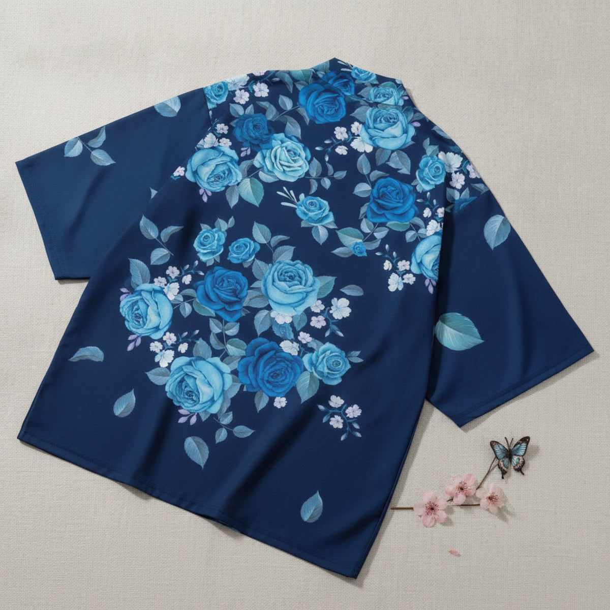 Kimono Court Femme Style Sakura Papillon en Polyester Léger
