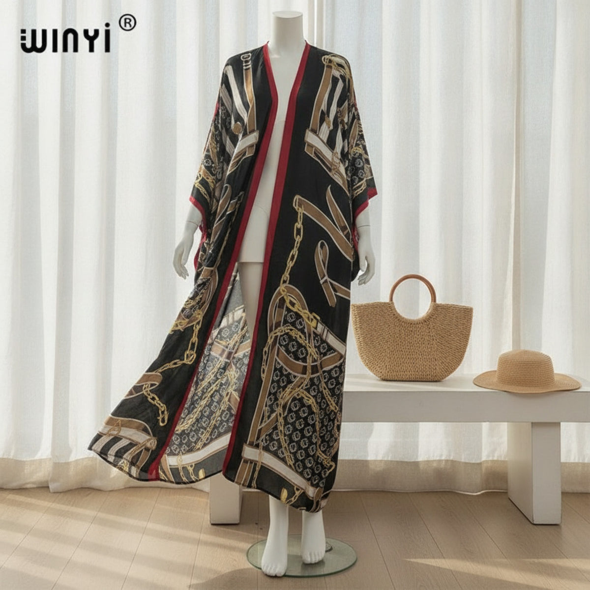 Kimono Long Bohème Imprimé Polyester Femme - Style Léger Été