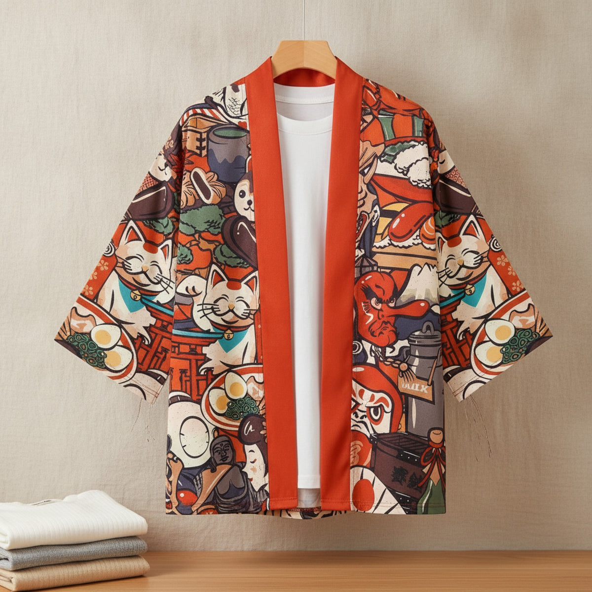Kimono Court Homme Polyester Manches Trois-Quarts Style Asiatique