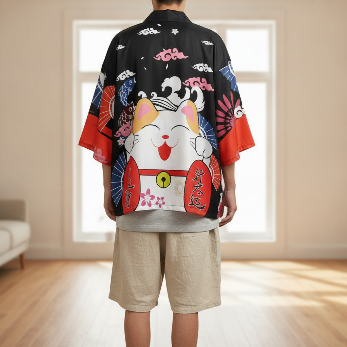 Kimono Court Homme Style Japonais Polyester Motif Chat