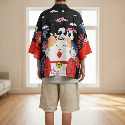 Kimono Court Homme Style Japonais Polyester Motif Chat