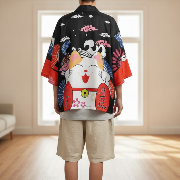 Kimono Court Homme Style Japonais Polyester Motif Chat