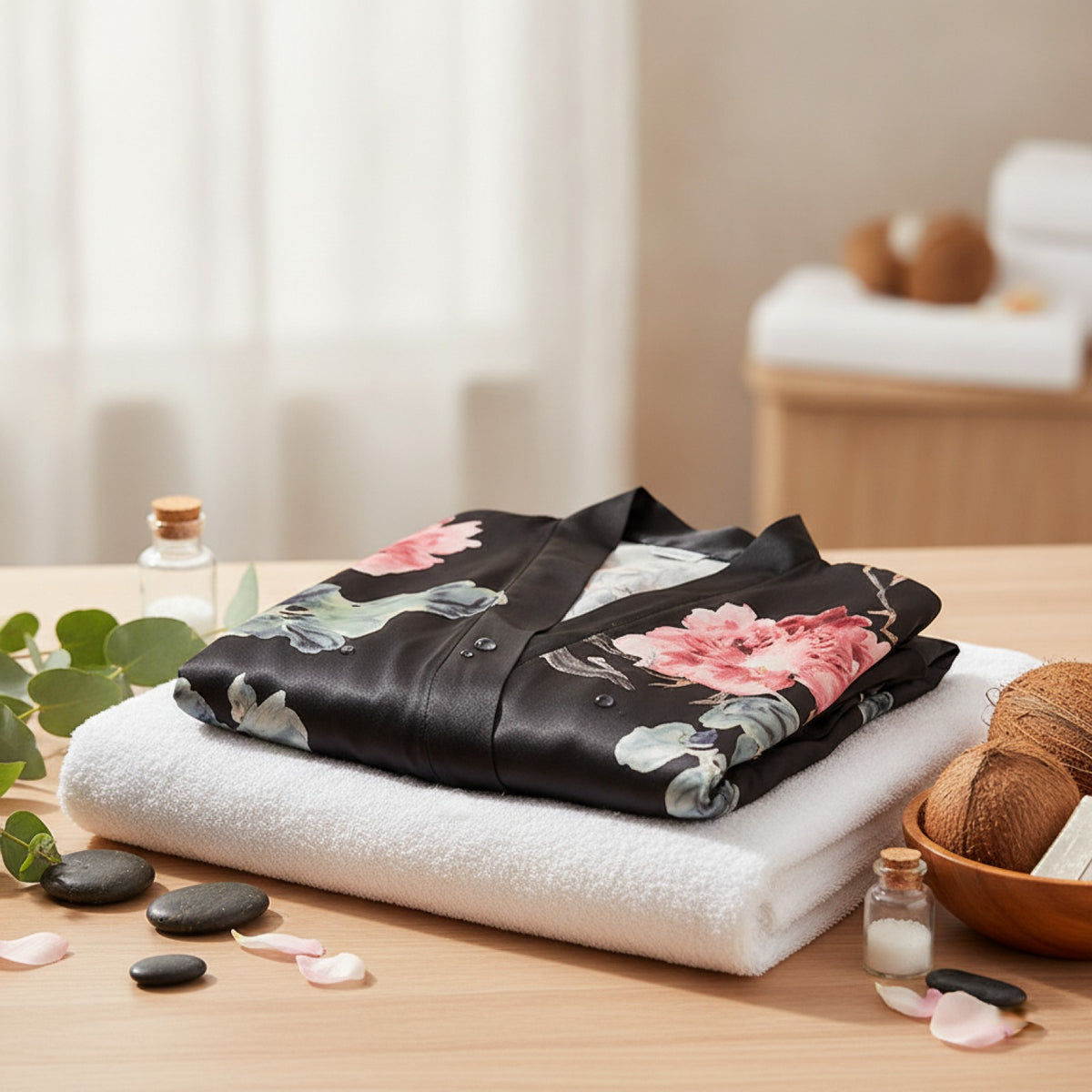 Kimono Long Satin Fleuri Femme - Confort & Élégance