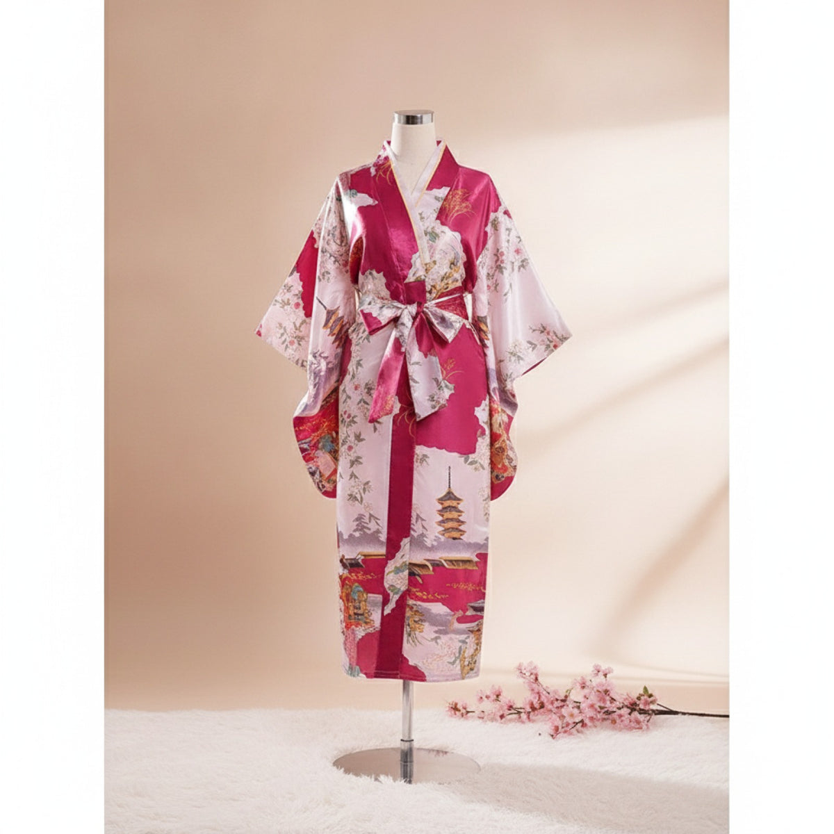 Kimono Femme Traditionnel Satiné Long Fleuri - Taille Unique