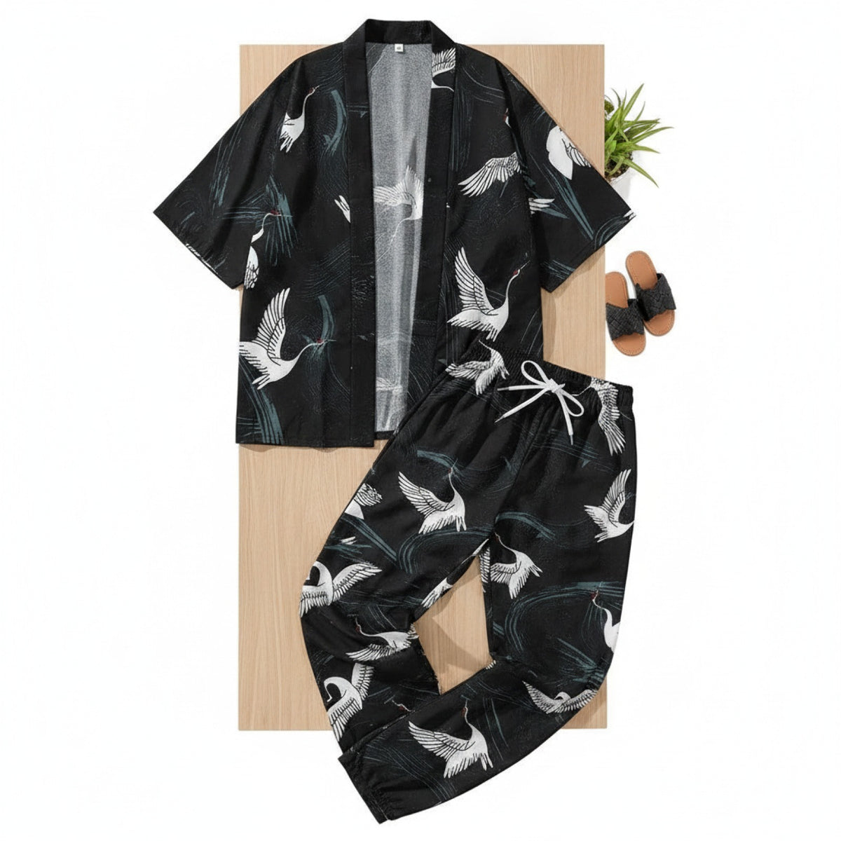 Ensemble Kimono Homme Polyester Léger Motif Oiseaux Noir