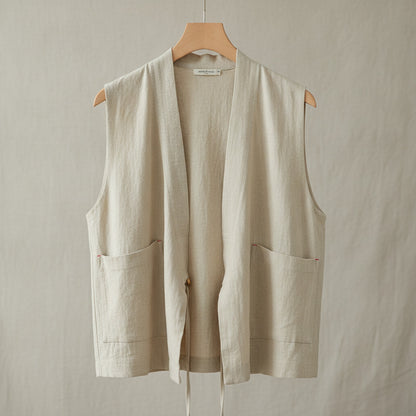 Cardigan Sans-Manche Femme V-Neck en Coton et Lin - Plusieurs Couleurs