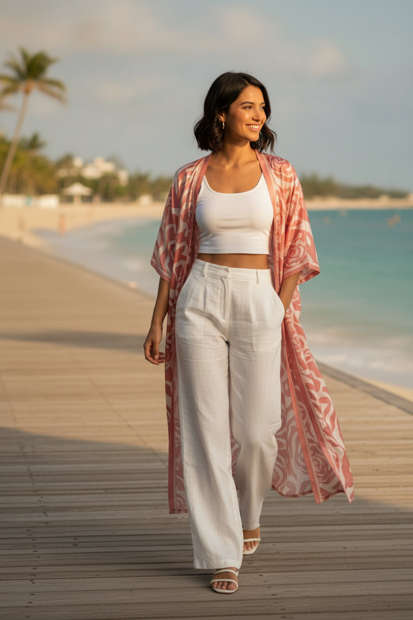 Kimono Long Bohème Imprimé Polyester Femme - Style Léger et Fleuri