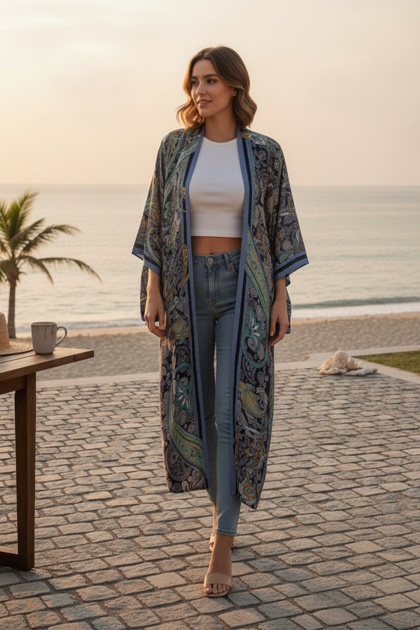 Kimono Long Bohème Imprimé Polyester Femme - Style Bohemian Chic