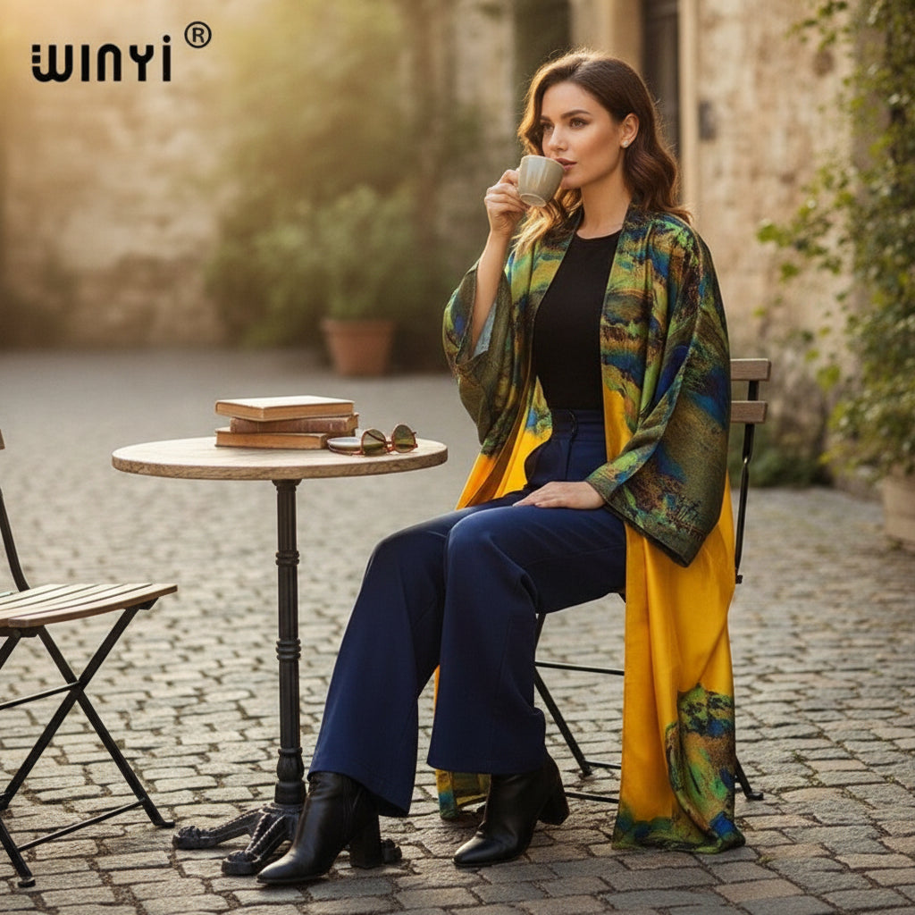 Kimono Long Femme Imprimé Style Bohème Léger Polyester
