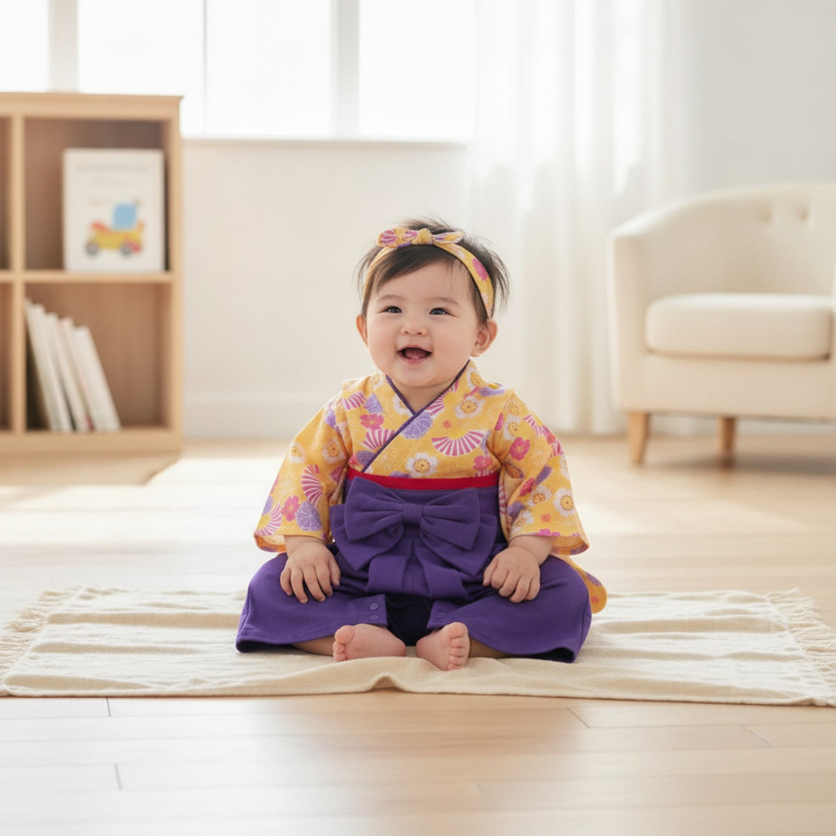 Ensemble Kimono et Pantalon Bébé Fille Style Japonais Fleuri