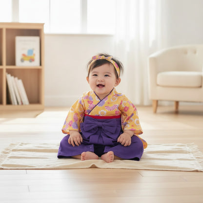 Ensemble Kimono et Pantalon Bébé Fille Style Japonais Fleuri