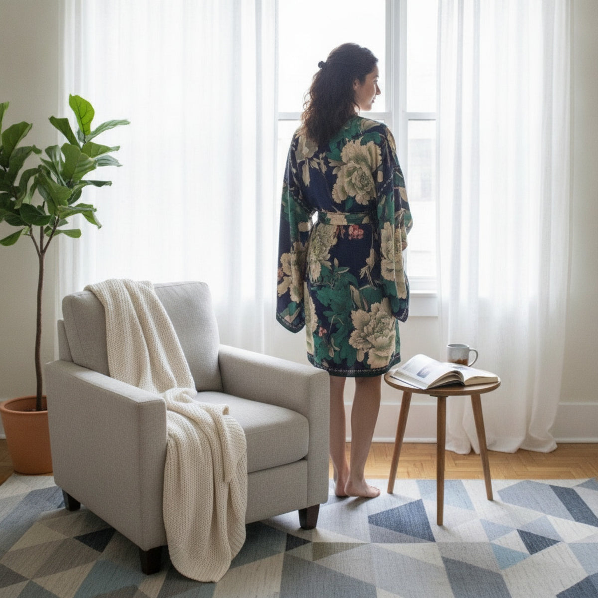 Kimono Mi-long Imprimé Style Bohème Polyester Femme