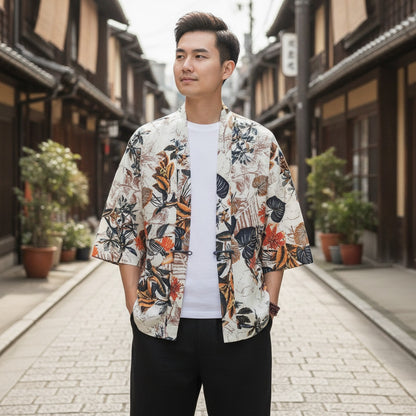 Kimono Court Homme en Coton et Lin - Style Asiatique Traditionnel
