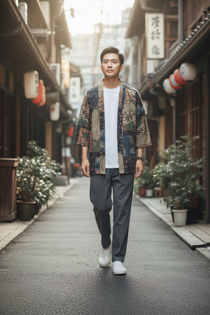 Kimono Court Homme en Coton et Lin - Style Traditionnel Asiatique