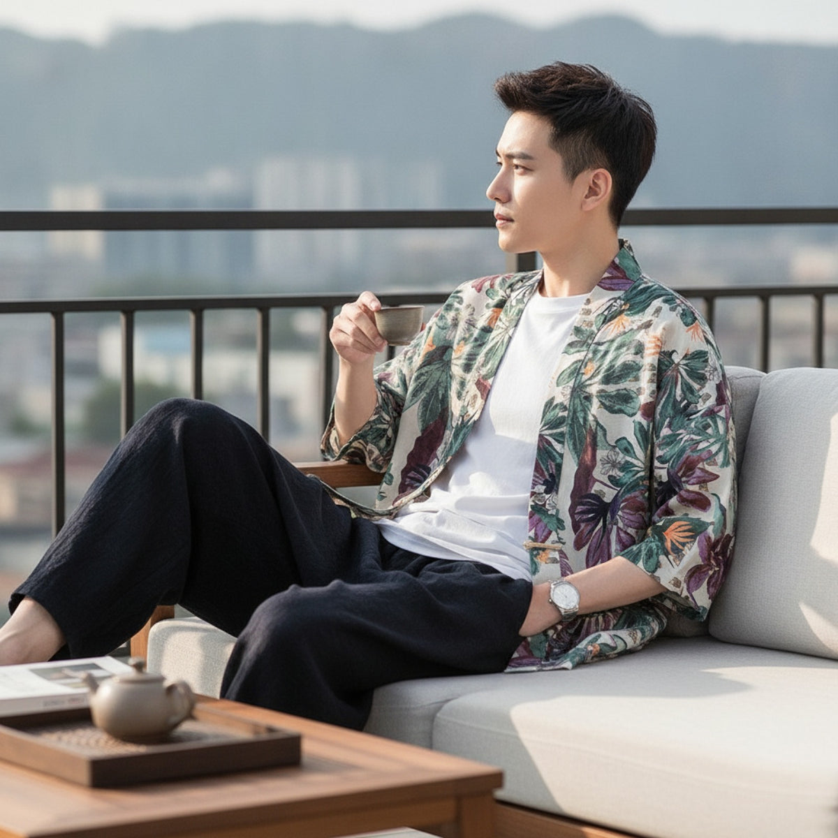 Kimono Court Homme en Coton et Lin - Style Traditionnel Asiatique