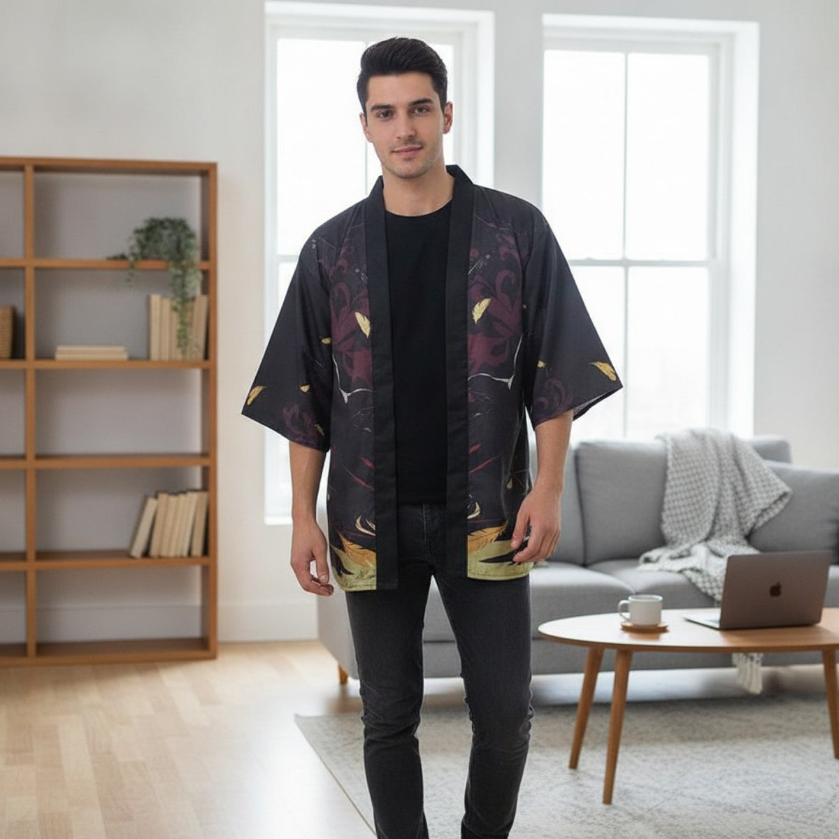 Kimono Court Léger Polyester Style Japonais - Noir
