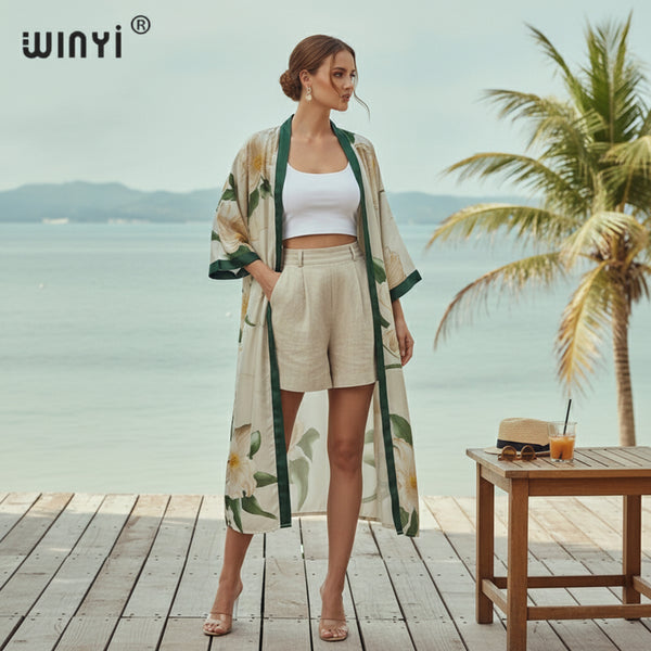 Kimono Long Bohème Imprimé Polyester Femme - Style Léger et Fleuri