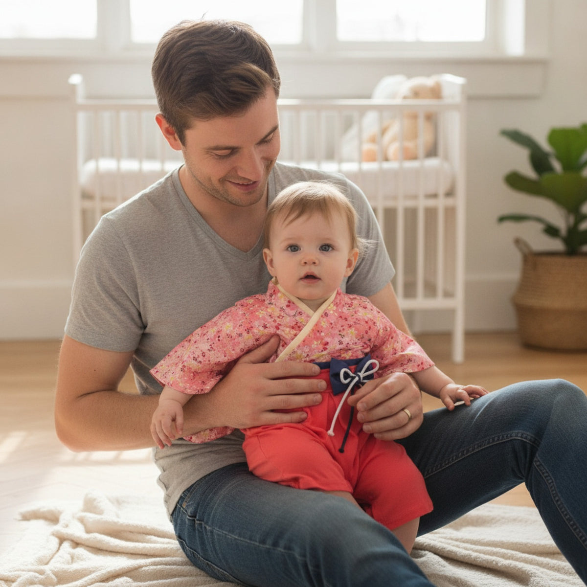 Ensemble Kimono et Pantalon Bébé Fille Style Japonais Fleuri