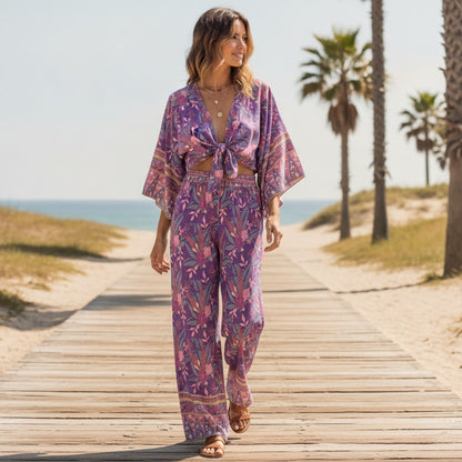 Ensemble Bohème Fleuri Femme : Haut V-Neck et Pantalon Large