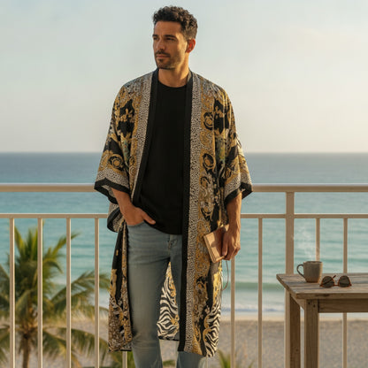 Kimono Long Femme Bohème – Cardigan Léger Imprimé Effet Soie