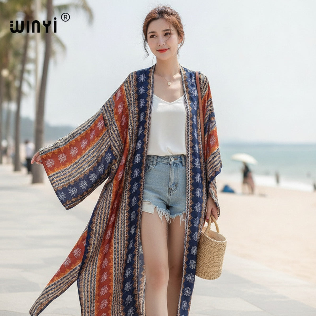 Kimono Long Bohème Imprimé Polyester Femme - Style Léger Été