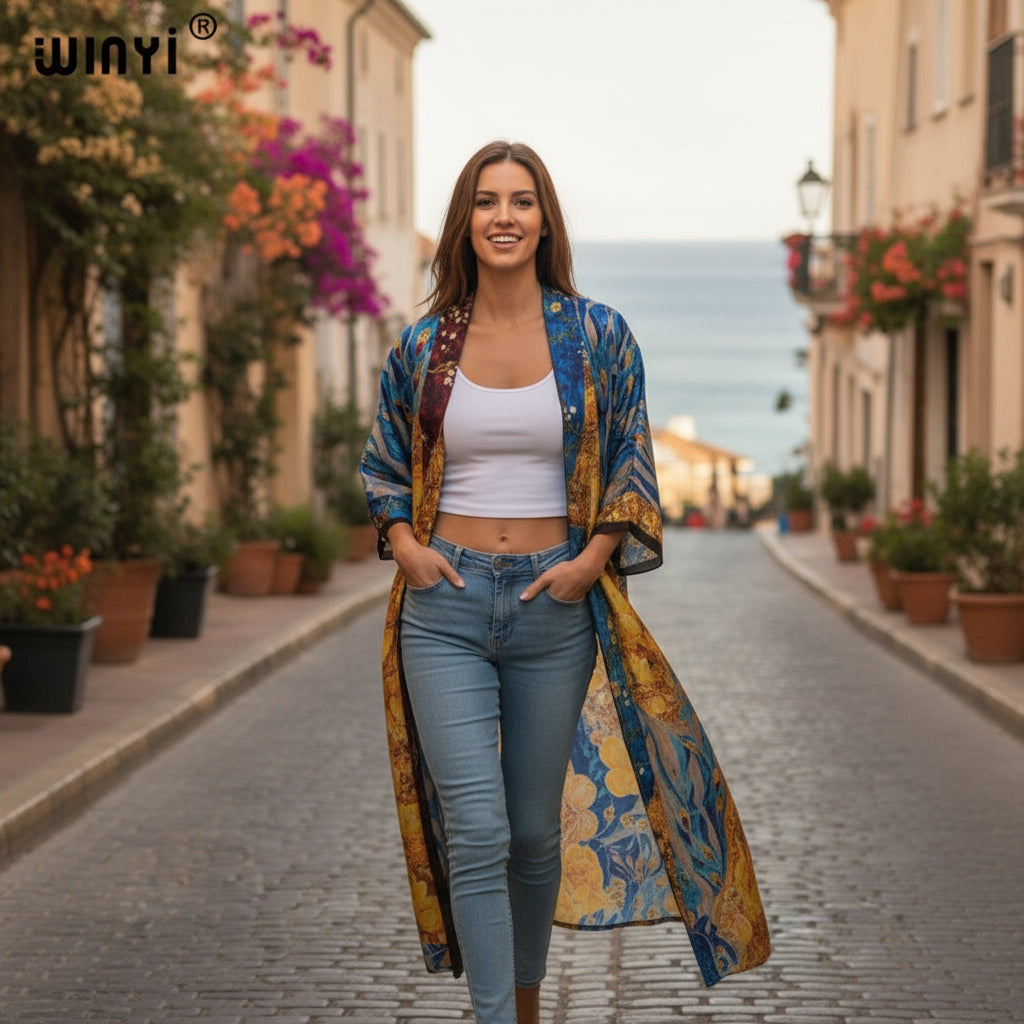 Kimono Long Bohème Imprimé Polyester Femme - Style Léger et Fleuri