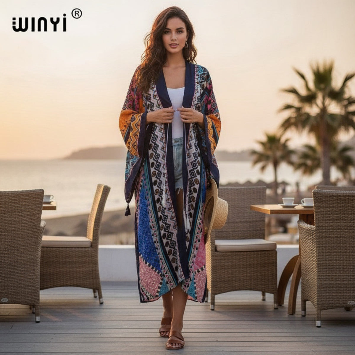 Kimono Long Bohème Femme Imprimé Fleuri Style Ethnique