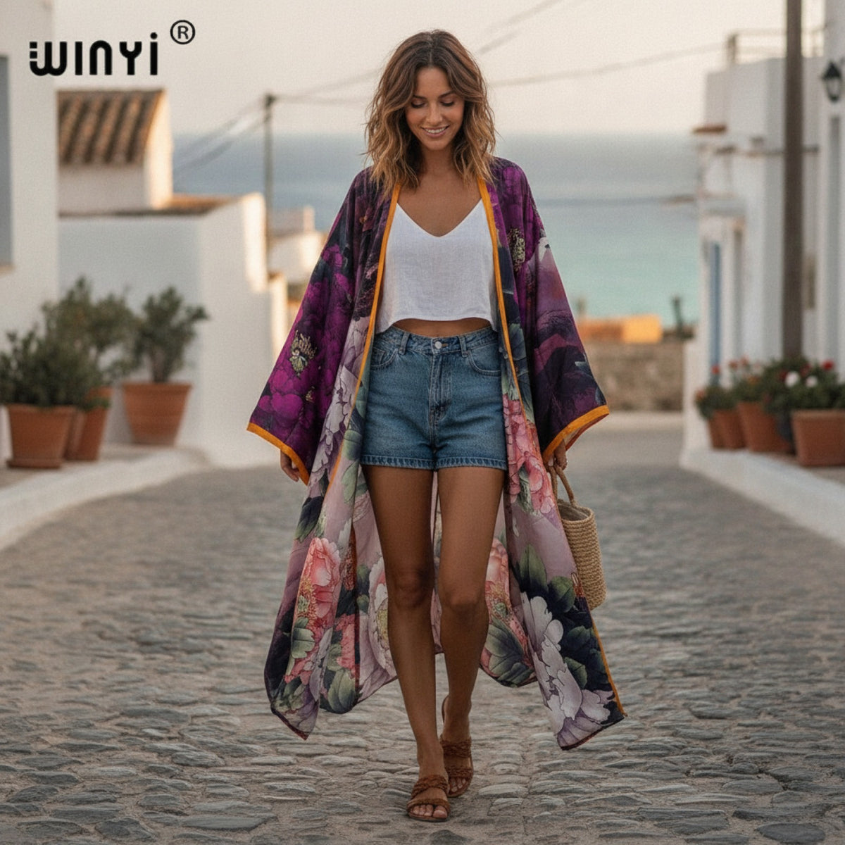 Kimono Long Bohème Imprimé Polyester Femme - Style Léger et Fleuri