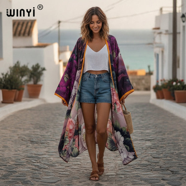 Kimono Long Bohème Imprimé Polyester Femme - Style Léger et Fleuri