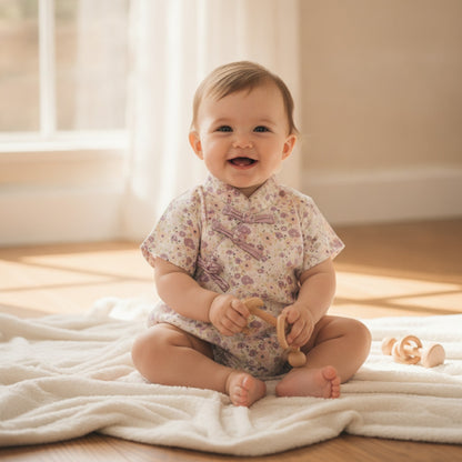 Barboteuse Bébé Fille Fleurie Manches Courtes en Coton - Style Quotidien